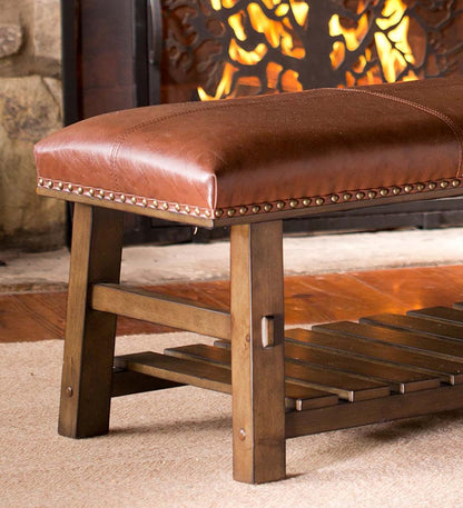 Plow & Hearth Bedroom Furniture Indoor Living Canyon Brown Leather And Wood Bench With Slatted Bottom Shelf