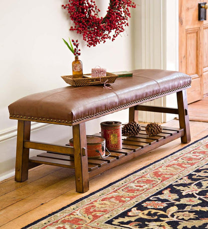 Plow & Hearth Bedroom Furniture Indoor Living Canyon Brown Leather And Wood Bench With Slatted Bottom Shelf