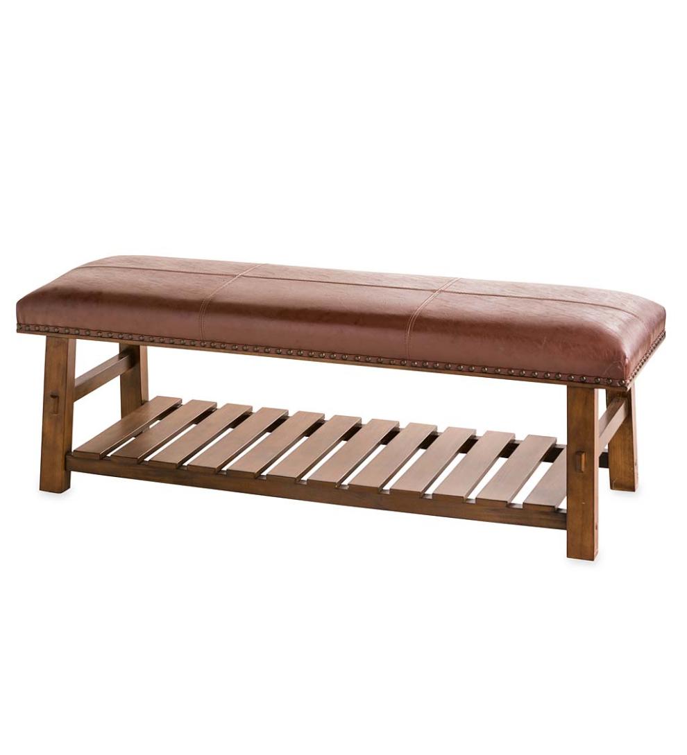 Plow & Hearth Bedroom Furniture Indoor Living Canyon Brown Leather And Wood Bench With Slatted Bottom Shelf