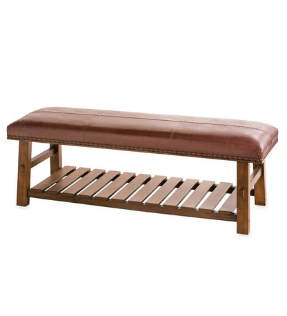 Plow & Hearth Bedroom Furniture Indoor Living Canyon Brown Leather And Wood Bench With Slatted Bottom Shelf