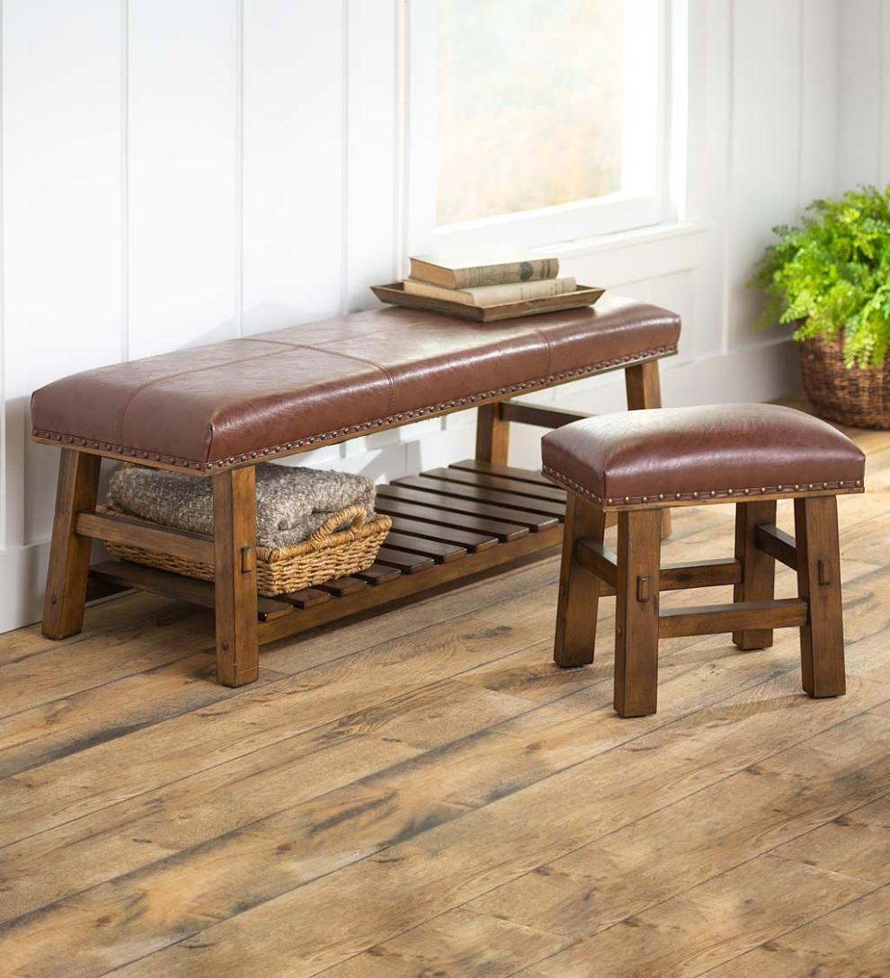Plow & Hearth Bedroom Furniture Indoor Living Canyon Brown Leather Footstool