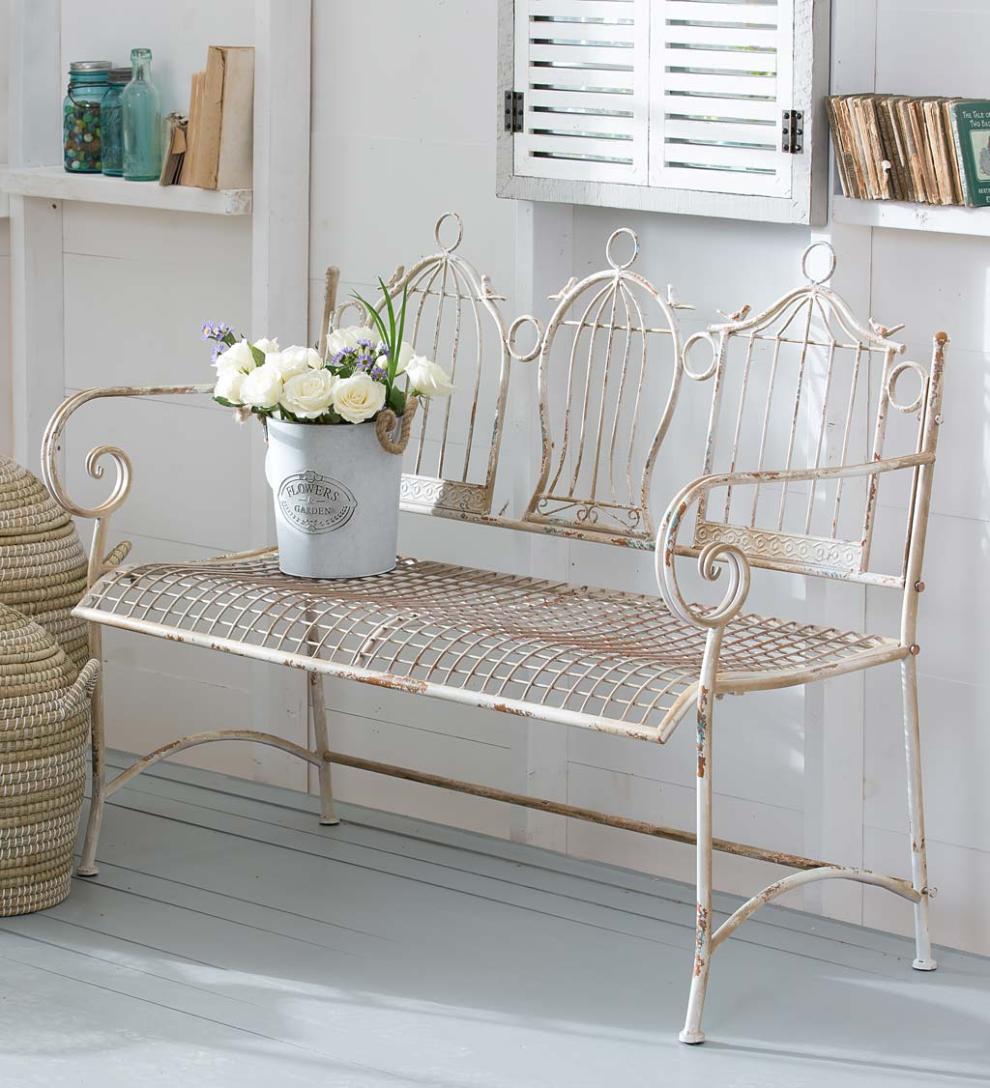 Plow & Hearth Benches & Chairs Outdoor Living Birdcage Antique Metal Garden Bench - White