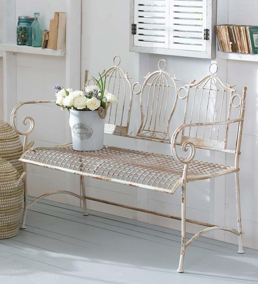 Plow & Hearth Benches & Chairs Outdoor Living Birdcage Antique Metal Garden Bench - White