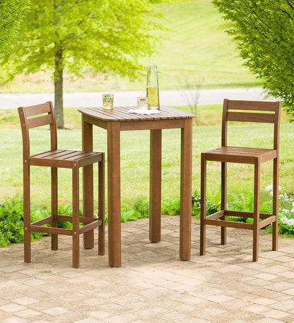 Plow & Hearth Benches & Chairs Outdoor Living Lancaster Eucalyptus Outdoor Bar Set With Table And 2 Bar Stools, 3-Piece Set - Natural