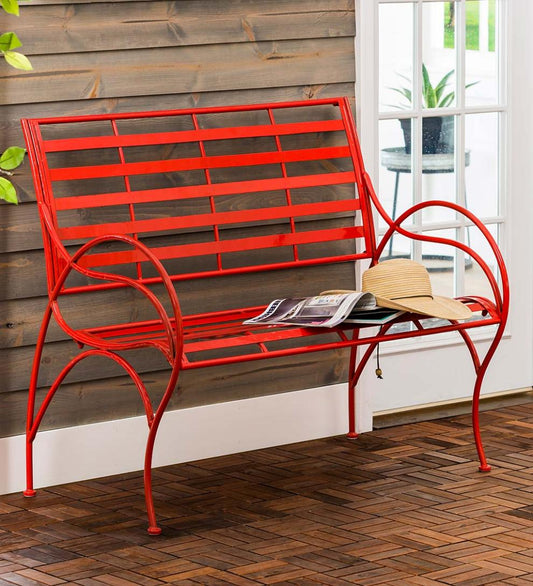Plow & Hearth Benches & Chairs Outdoor Living Red Metal Slat-Seat Garden Bench - Red