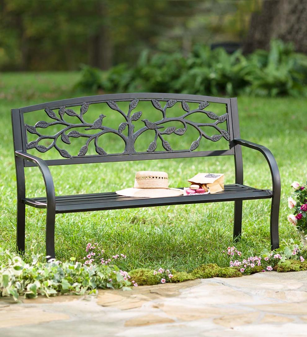 Plow & Hearth Benches & Chairs Outdoor Living Tree Of Life Metal Garden Bench - Black
