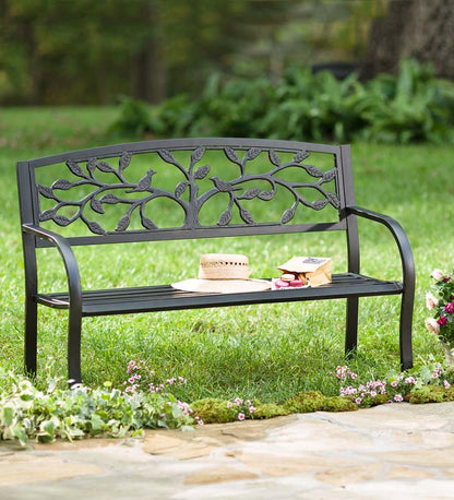 Plow & Hearth Benches & Chairs Outdoor Living Tree Of Life Metal Garden Bench - Black