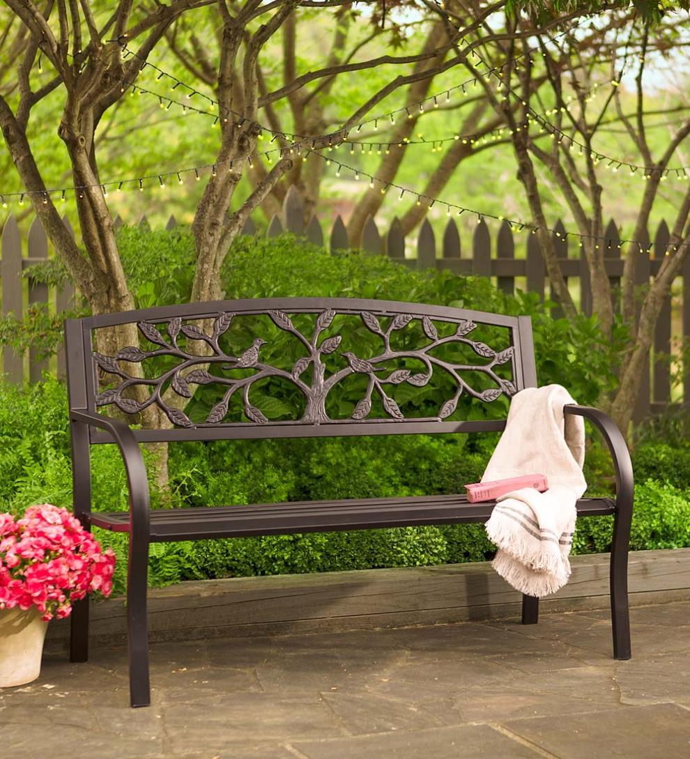 Plow & Hearth Benches & Chairs Outdoor Living Tree Of Life Metal Garden Bench - Black