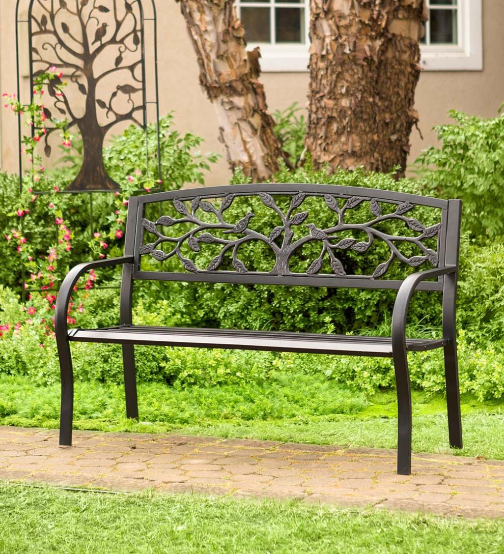 Plow & Hearth Benches & Chairs Outdoor Living Tree Of Life Metal Garden Bench - Black