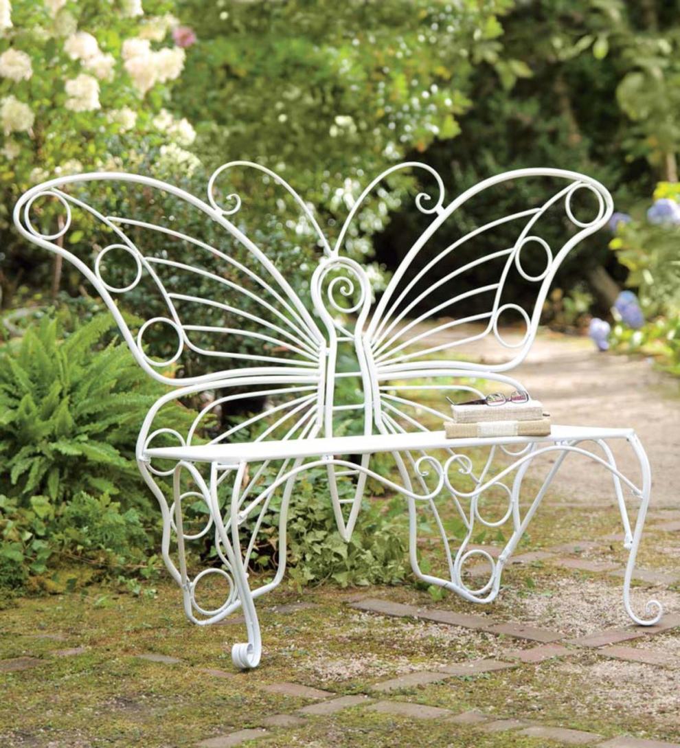 Plow & Hearth Benches & Chairs Outdoor Living White Metal Butterfly Garden Bench