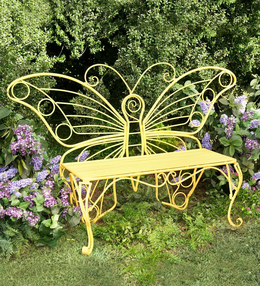 Plow & Hearth Benches & Chairs Outdoor Living Yellow Metal Butterfly Garden Bench - Yellow