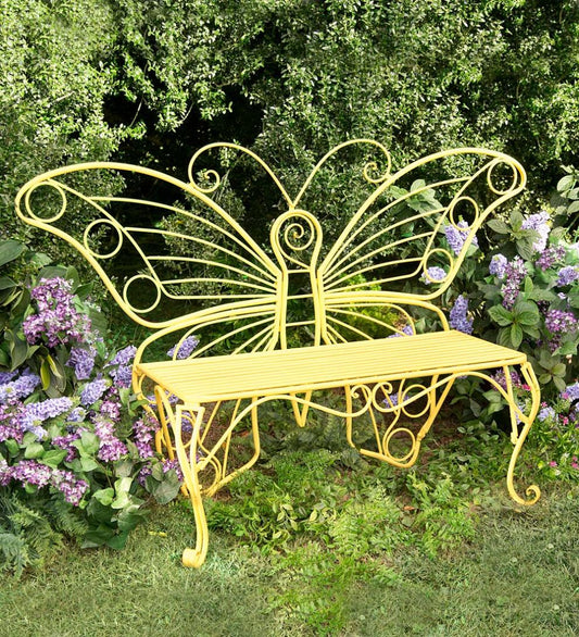 Plow & Hearth Benches & Chairs Outdoor Living Yellow Metal Butterfly Garden Bench - Yellow