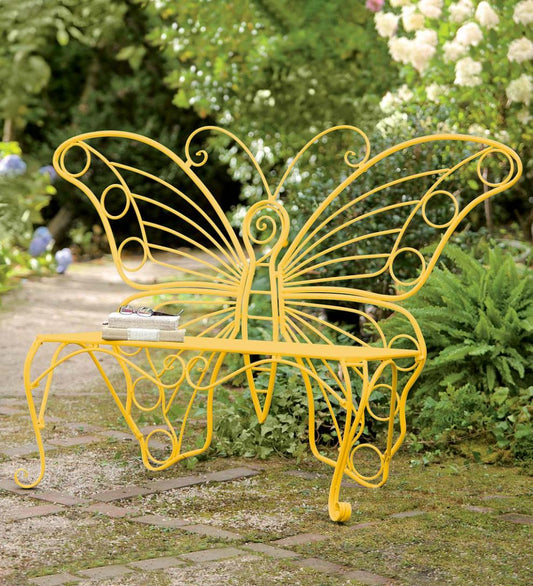 Plow & Hearth Benches & Chairs Outdoor Living Yellow Metal Butterfly Garden Bench - Yellow