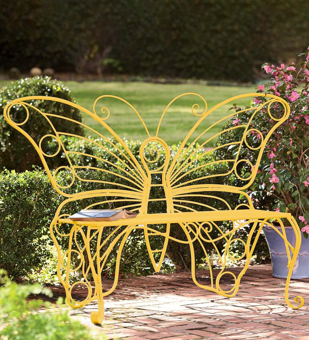 Plow & Hearth Benches & Chairs Outdoor Living Yellow Metal Butterfly Garden Bench - Yellow