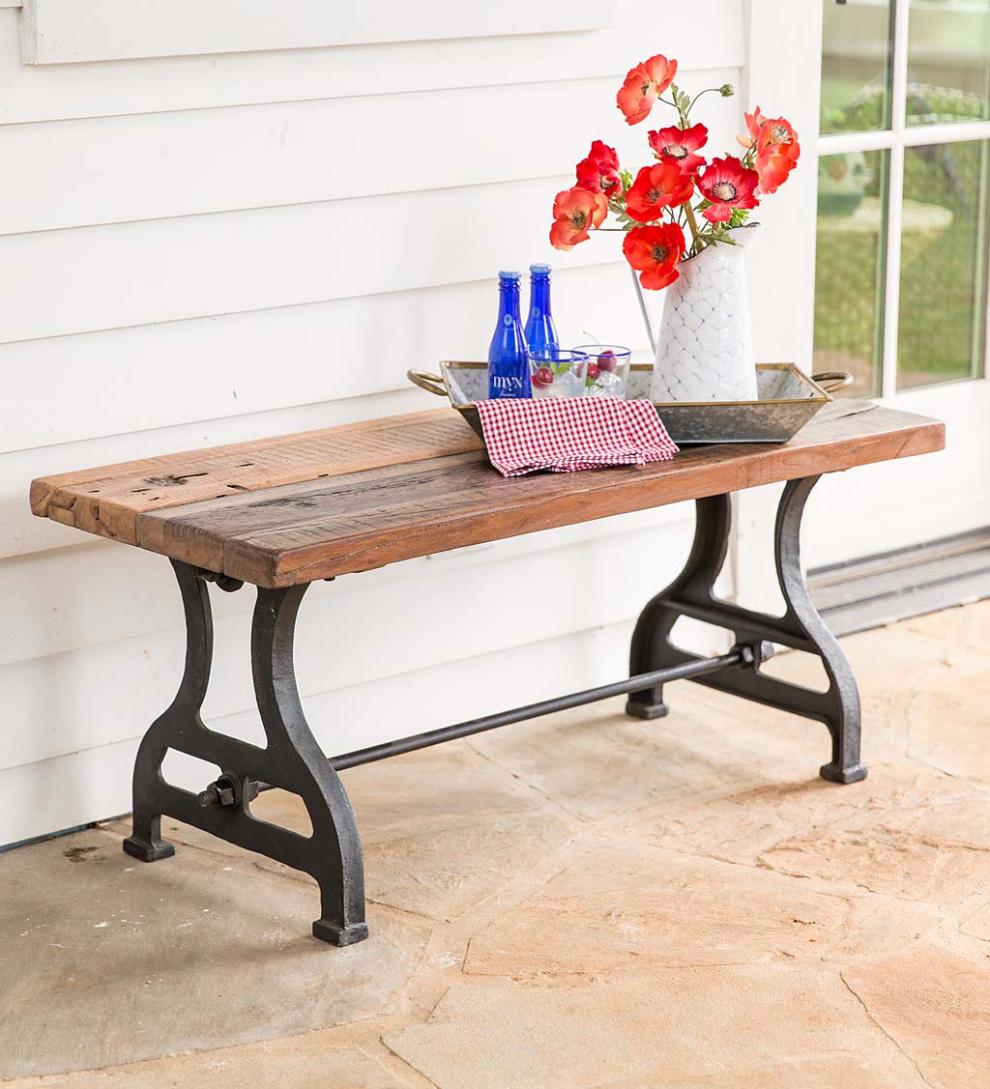 Plow & Hearth Benches Indoor Living Birmingham Indoor/Outdoor Reclaimed Wood Bench With Iron Base