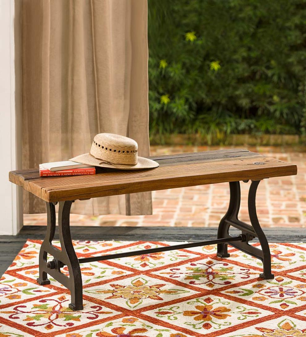 Plow & Hearth Benches Indoor Living Birmingham Indoor/Outdoor Reclaimed Wood Bench With Iron Base