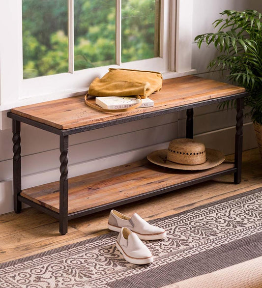 Plow & Hearth Benches Indoor Living Deep Creek Bench/Table With Metal Frame And Rustic Wood