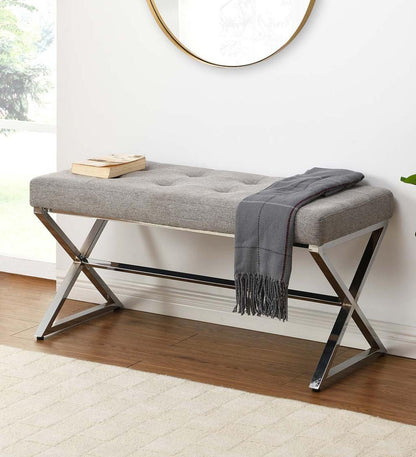 Plow & Hearth Benches Indoor Living Deluxe Upholstered Mid-Century-Style Bench - Gray/Chrome