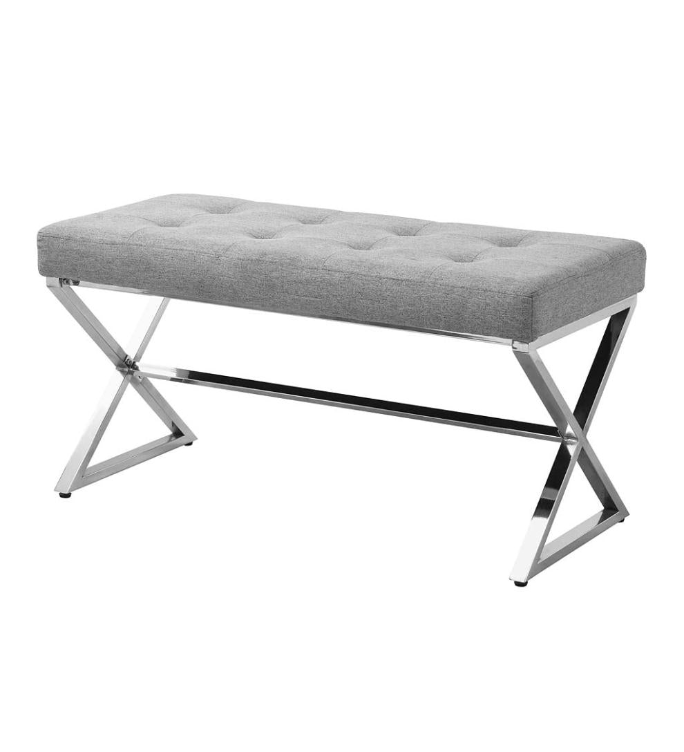 Plow & Hearth Benches Indoor Living Deluxe Upholstered Mid-Century-Style Bench - Gray/Chrome