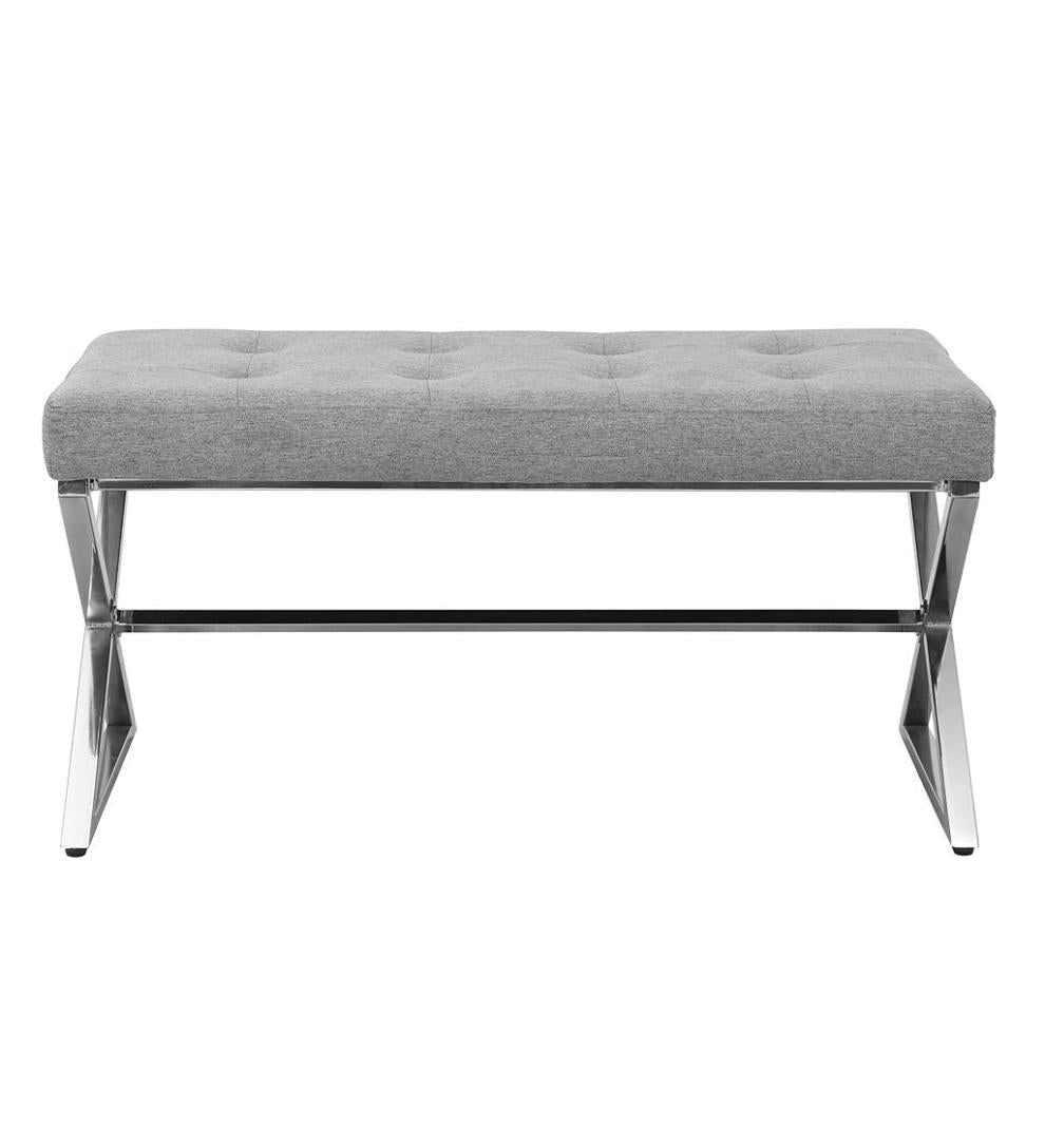Plow & Hearth Benches Indoor Living Deluxe Upholstered Mid-Century-Style Bench - Gray/Chrome