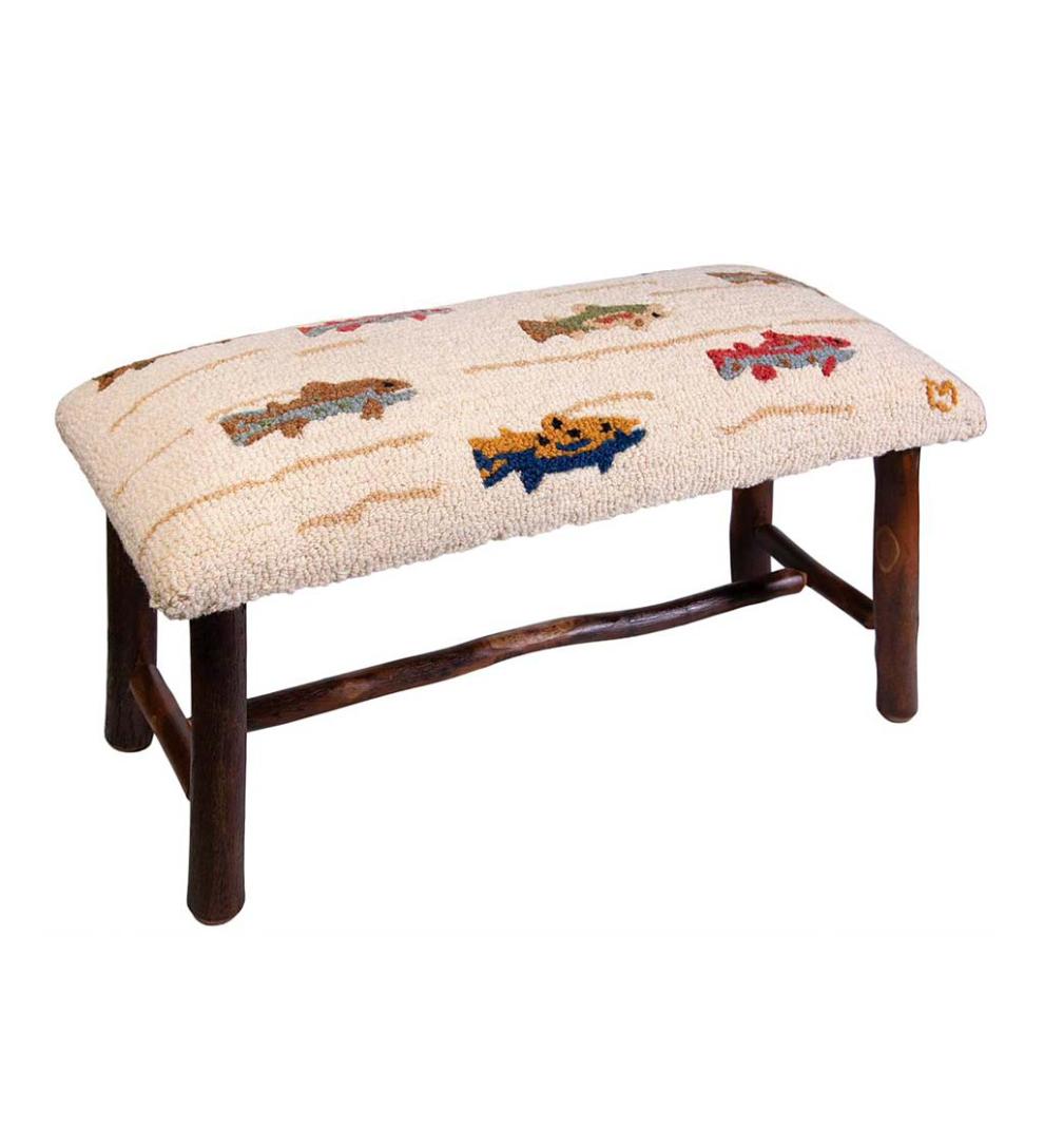 Plow & Hearth Benches Indoor Living Summer Trout Hand-Hooked Wool And Hickory Wood Bench