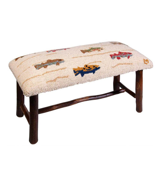 Plow & Hearth Benches Indoor Living Summer Trout Hand-Hooked Wool And Hickory Wood Bench