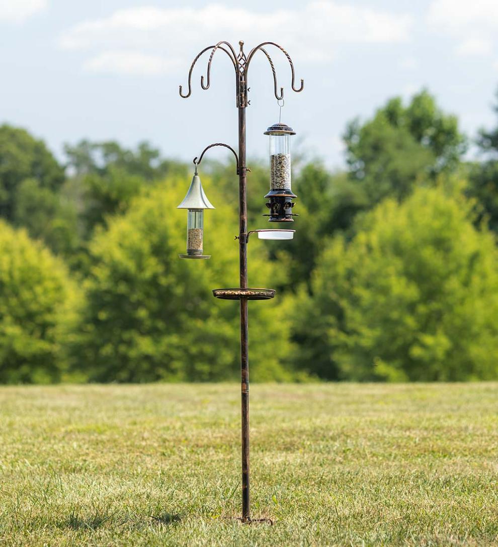 Plow & Hearth Bird Feeders Yard & Garden Bird Feeding Station With Five Hooks And Two Platform Feeders - Black