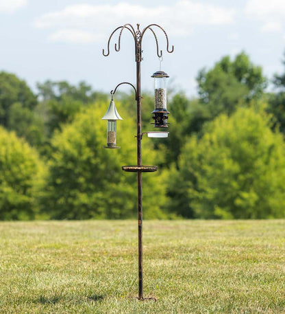 Plow & Hearth Bird Feeders Yard & Garden Bird Feeding Station With Five Hooks And Two Platform Feeders - Black