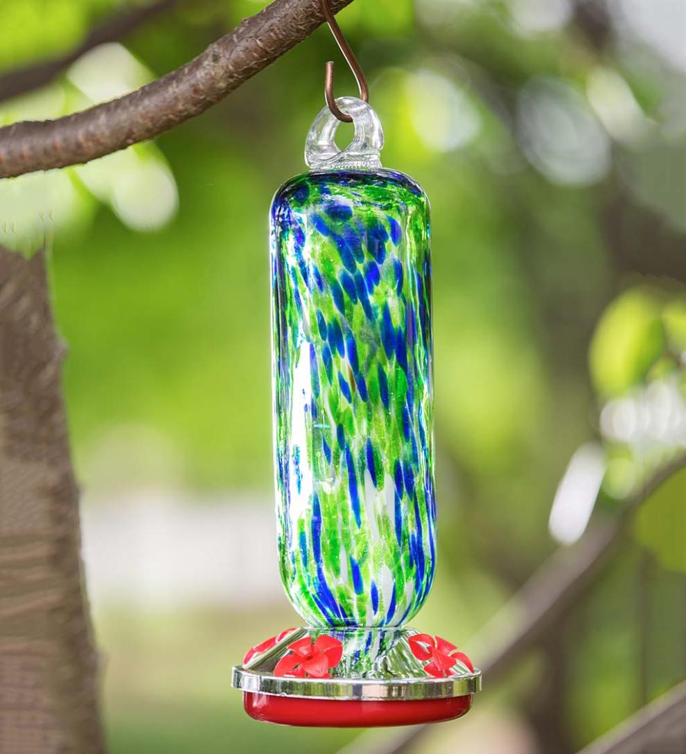 Plow & Hearth Bird Feeders Yard & Garden Blue And Green Speckle Glass Hummingbird Feeder