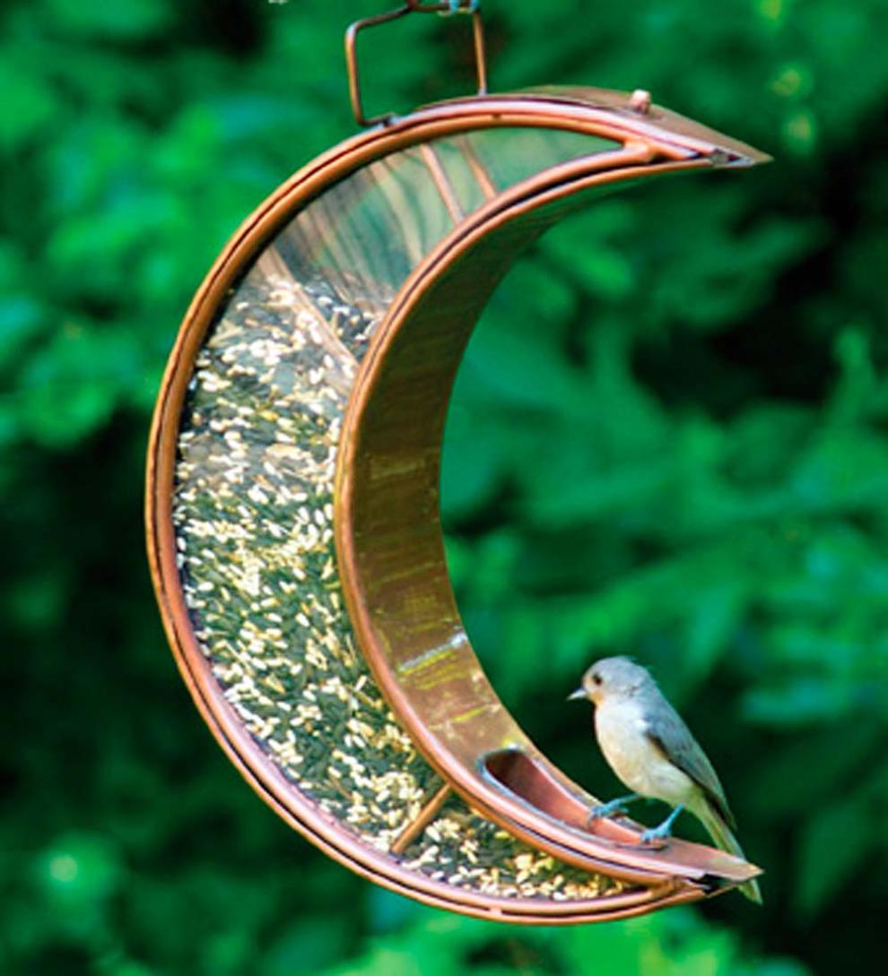 Plow & Hearth Bird Feeders Yard & Garden Copper And Plexiglass Crescent Moon Hanging Bird Feeder - Copper