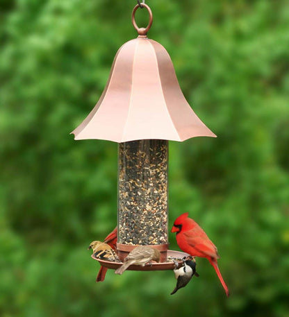 Plow & Hearth Bird Feeders Yard & Garden Copper-Colored Metal Bell Bird Feeder With Clear Seed Tube