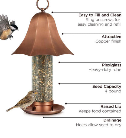 Plow & Hearth Bird Feeders Yard & Garden Copper-Colored Metal Bell Bird Feeder With Clear Seed Tube