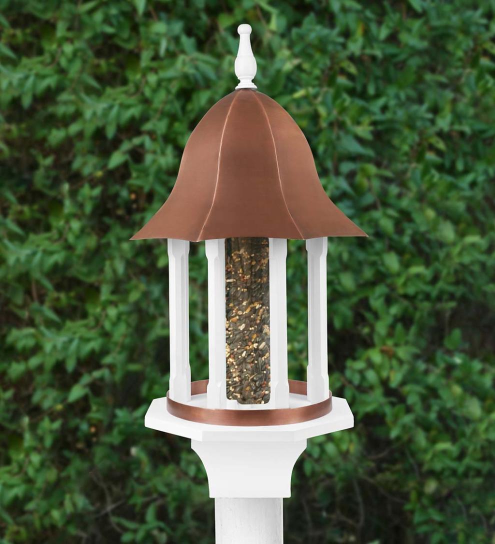 Plow & Hearth Bird Feeders Yard & Garden Copper-Roofed Manor Bird Feeder With White Hardwood Columns