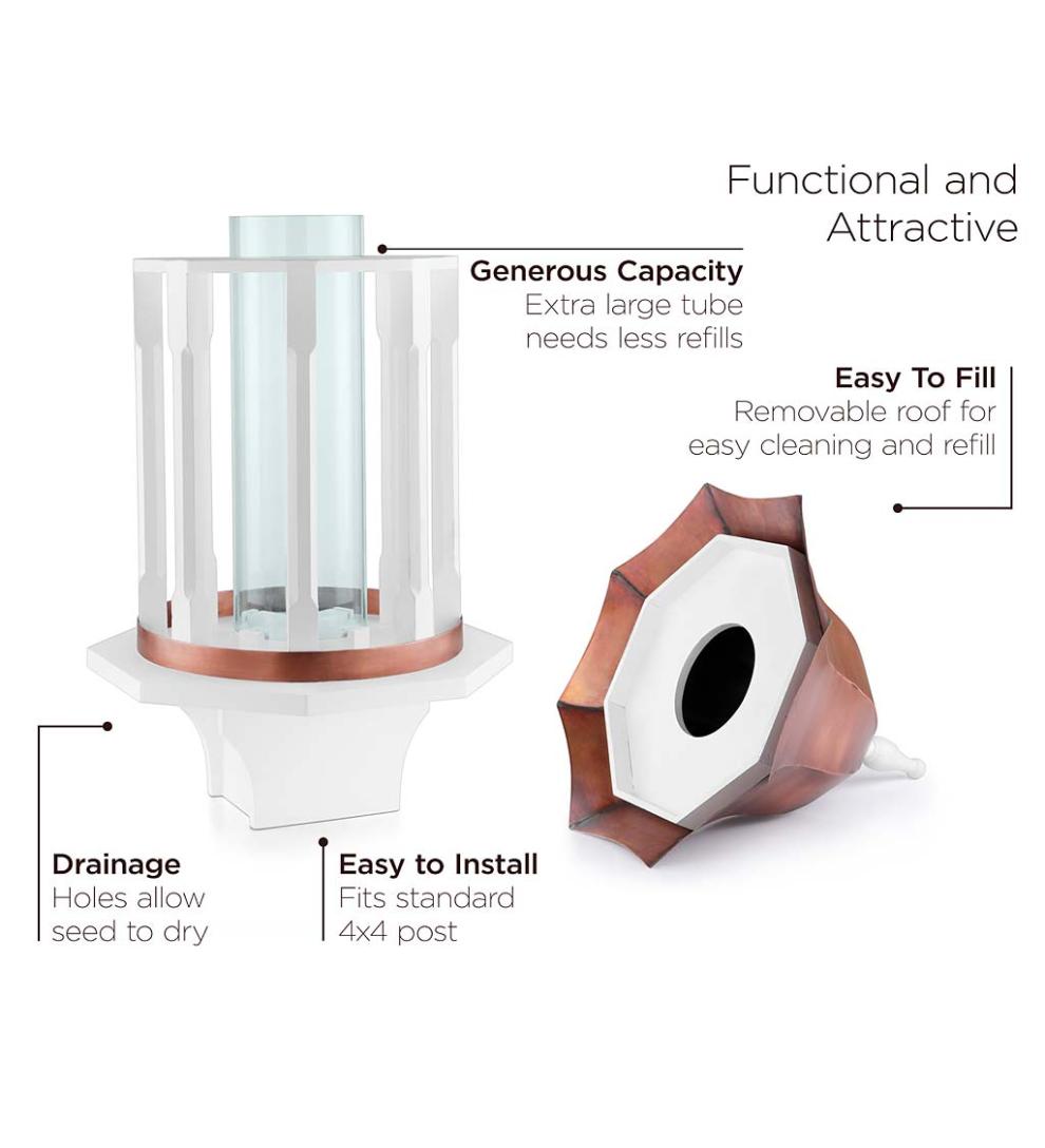 Plow & Hearth Bird Feeders Yard & Garden Copper-Roofed Manor Bird Feeder With White Hardwood Columns