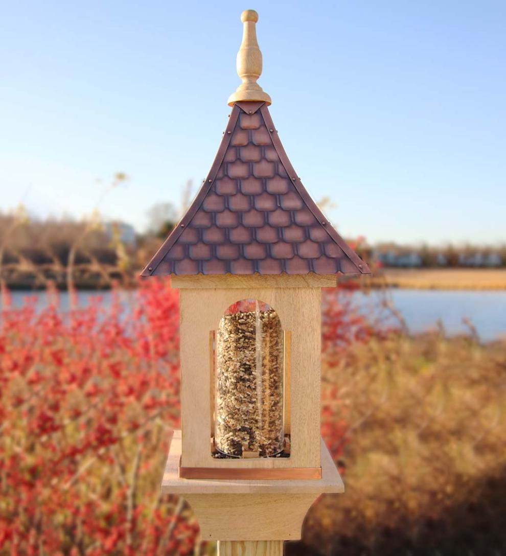 Plow & Hearth Bird Feeders Yard & Garden Hand-Hammered Copper And Unstained Hardwood Villa-Style Bird Feeder