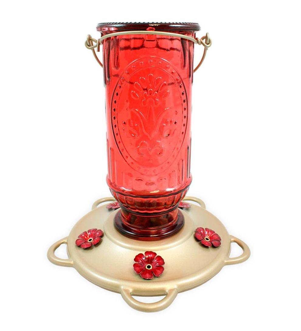 Plow & Hearth Bird Feeders Yard & Garden Vintage Glass And Metal 20-Ounce Hummingbird Feeder - Green