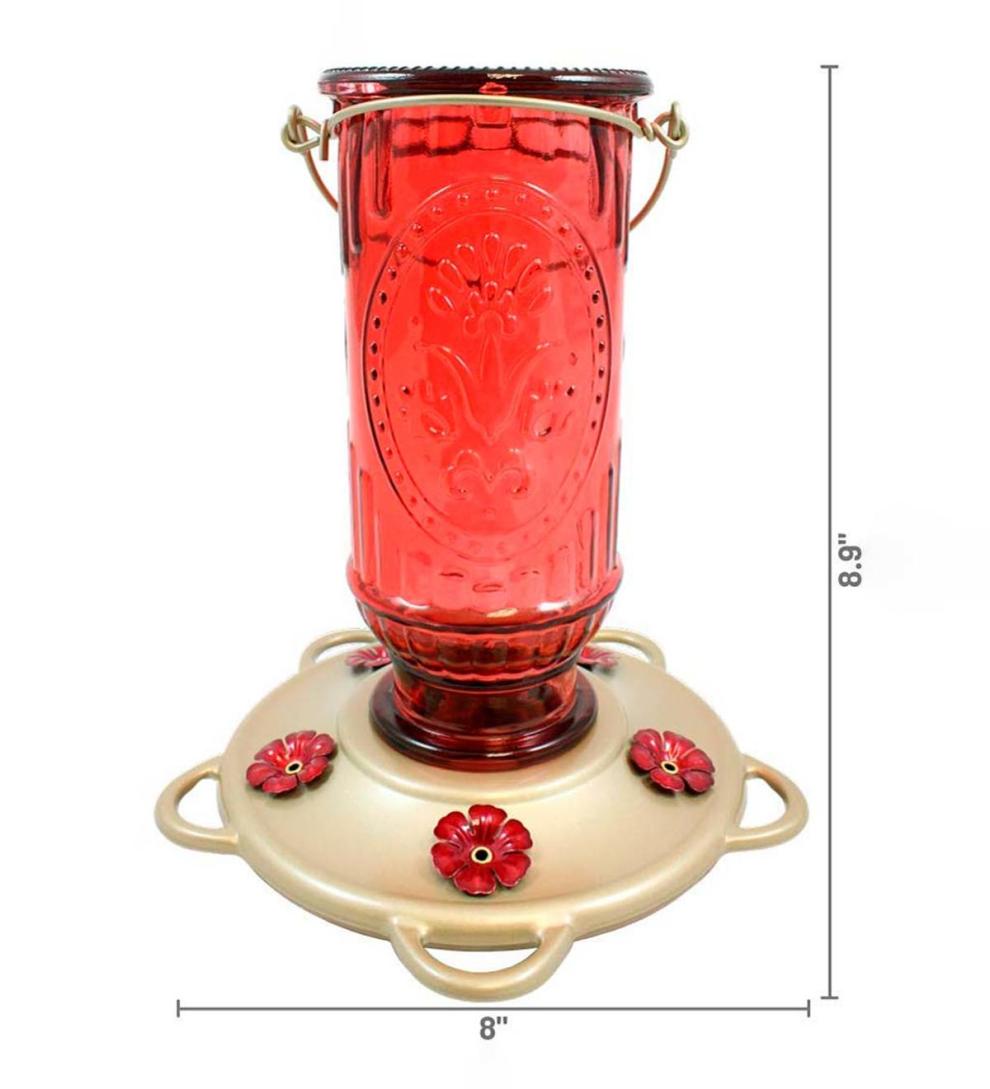 Plow & Hearth Bird Feeders Yard & Garden Vintage Glass And Metal 20-Ounce Hummingbird Feeder - Green
