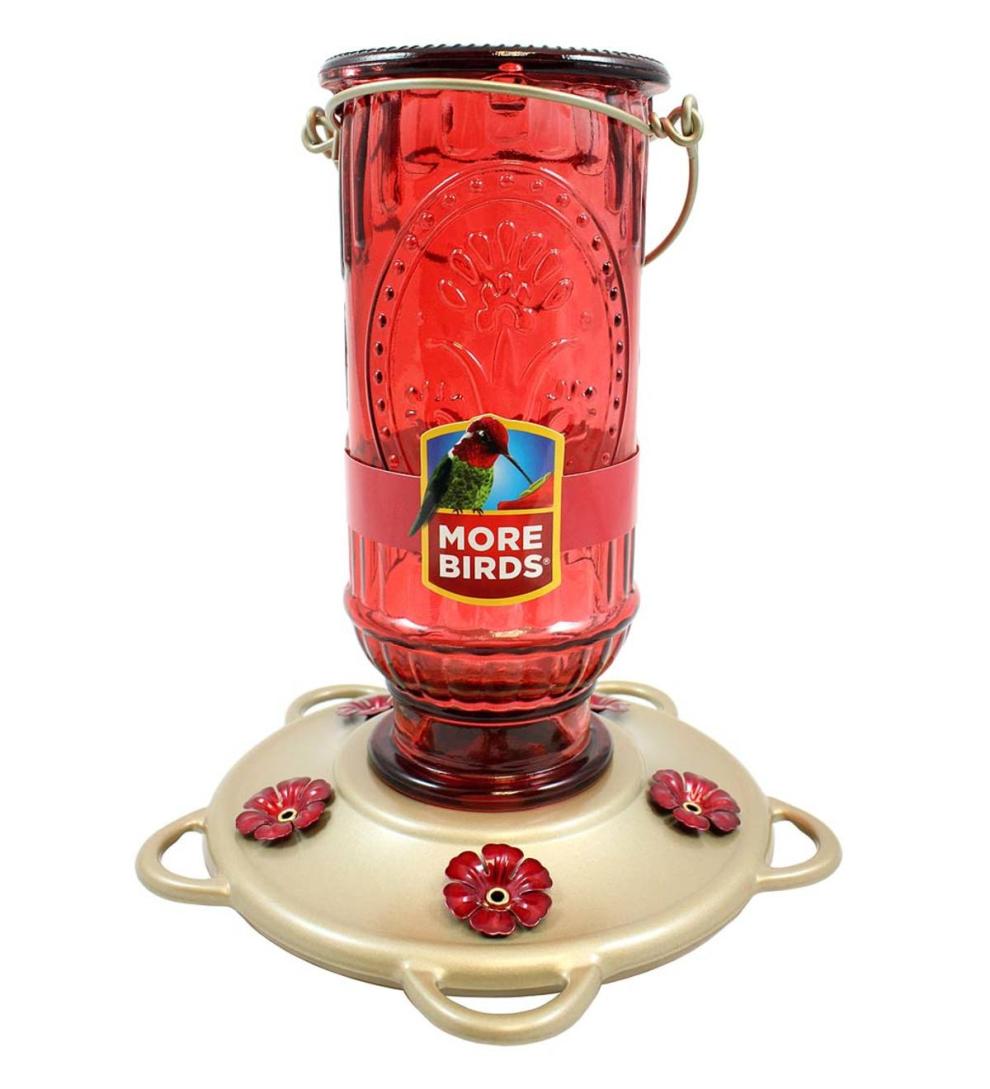Plow & Hearth Bird Feeders Yard & Garden Vintage Glass And Metal 20-Ounce Hummingbird Feeder - Green