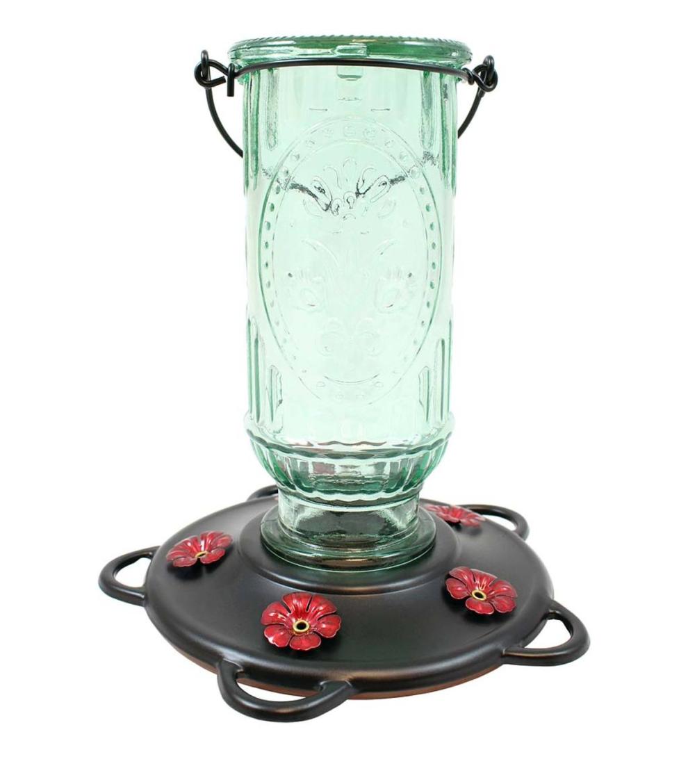 Plow & Hearth Bird Feeders Yard & Garden Vintage Glass And Metal 20-Ounce Hummingbird Feeder - Green