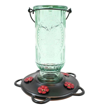 Plow & Hearth Bird Feeders Yard & Garden Vintage Glass And Metal 20-Ounce Hummingbird Feeder - Green