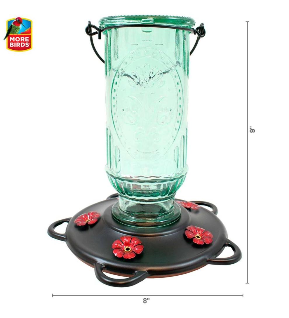 Plow & Hearth Bird Feeders Yard & Garden Vintage Glass And Metal 20-Ounce Hummingbird Feeder - Green