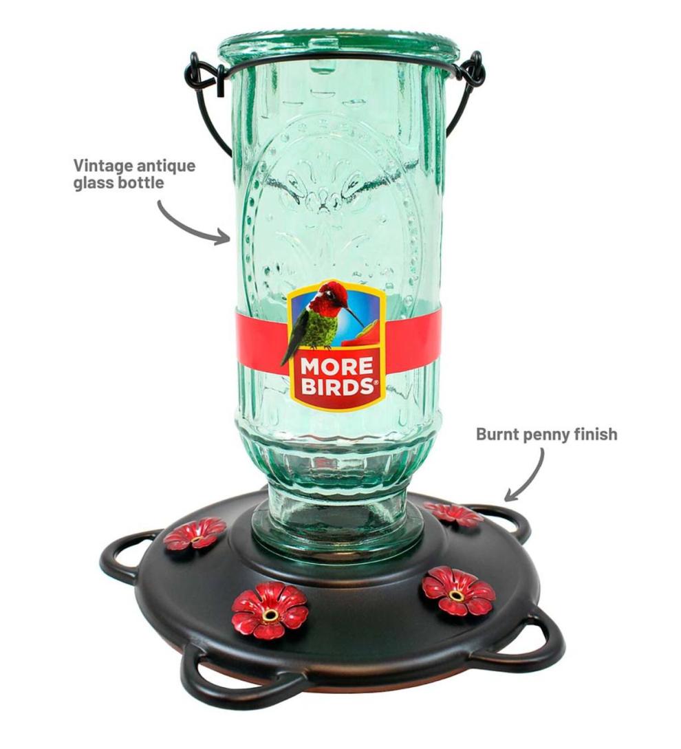 Plow & Hearth Bird Feeders Yard & Garden Vintage Glass And Metal 20-Ounce Hummingbird Feeder - Green