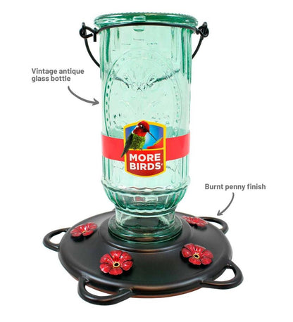 Plow & Hearth Bird Feeders Yard & Garden Vintage Glass And Metal 20-Ounce Hummingbird Feeder - Green