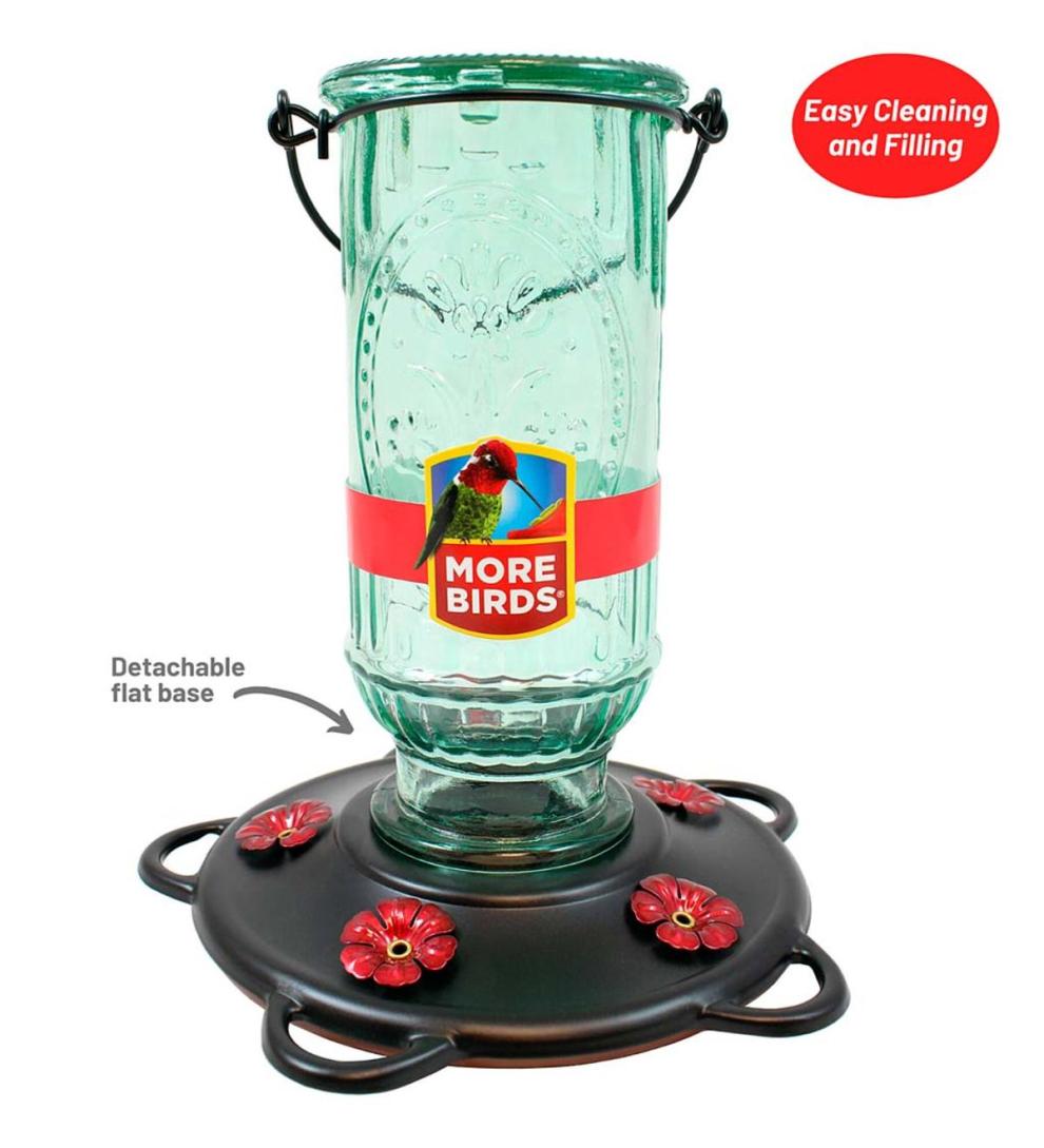 Plow & Hearth Bird Feeders Yard & Garden Vintage Glass And Metal 20-Ounce Hummingbird Feeder - Green
