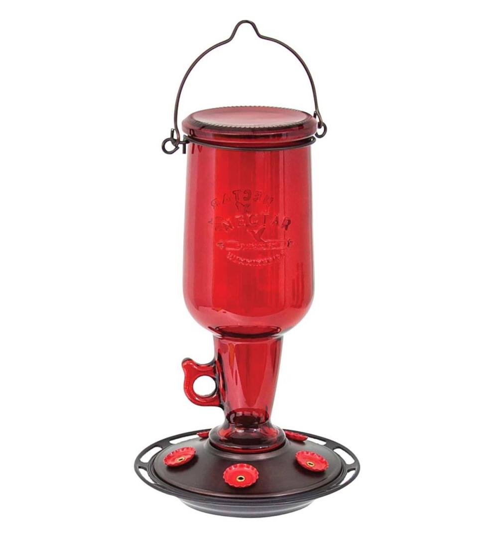 Plow & Hearth Bird Feeders Yard & Garden Vintage Red Glass 23-Ounce Jug-Style Hummingbird Feeder