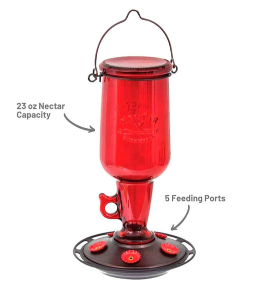 Plow & Hearth Bird Feeders Yard & Garden Vintage Red Glass 23-Ounce Jug-Style Hummingbird Feeder