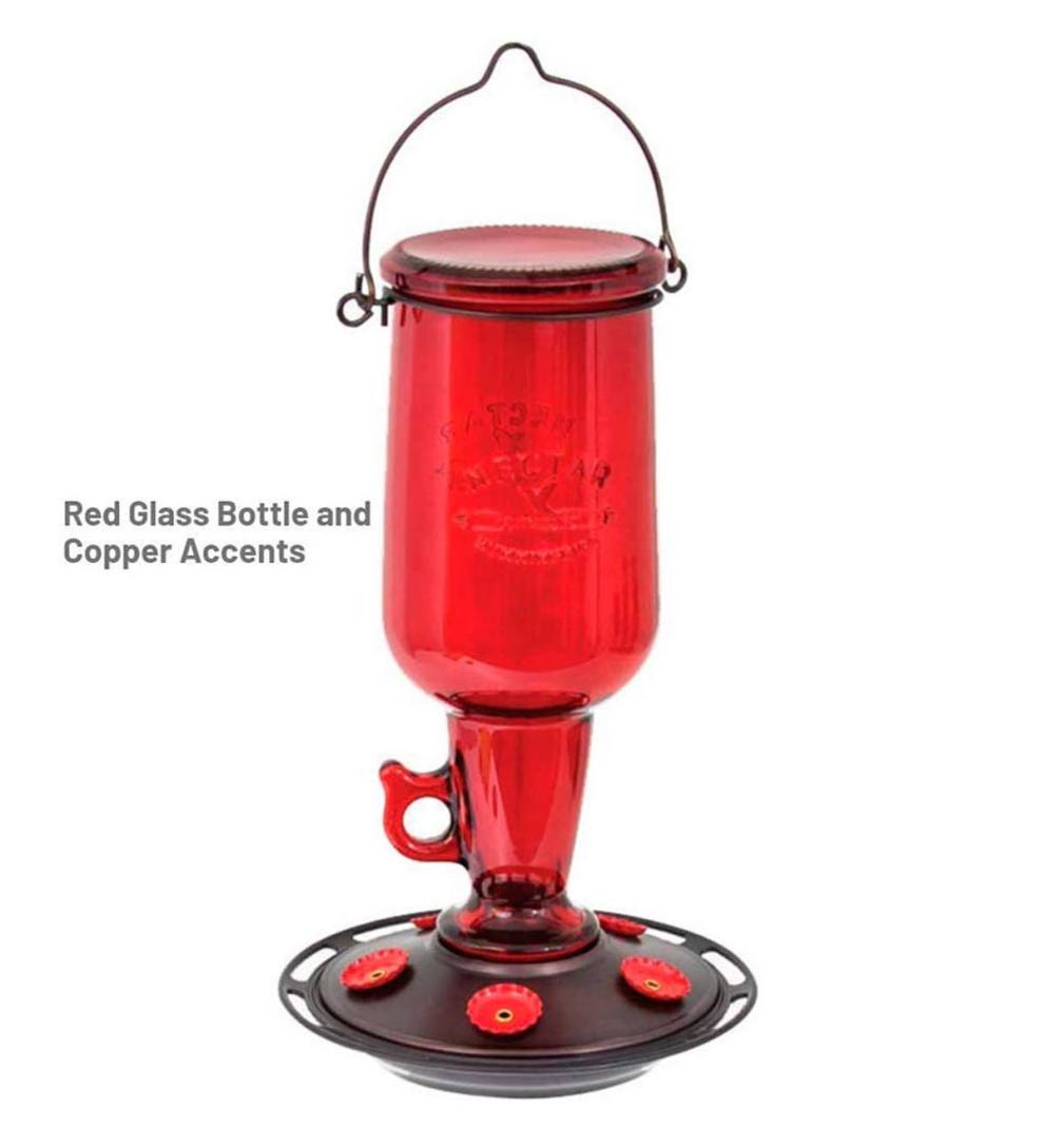 Plow & Hearth Bird Feeders Yard & Garden Vintage Red Glass 23-Ounce Jug-Style Hummingbird Feeder