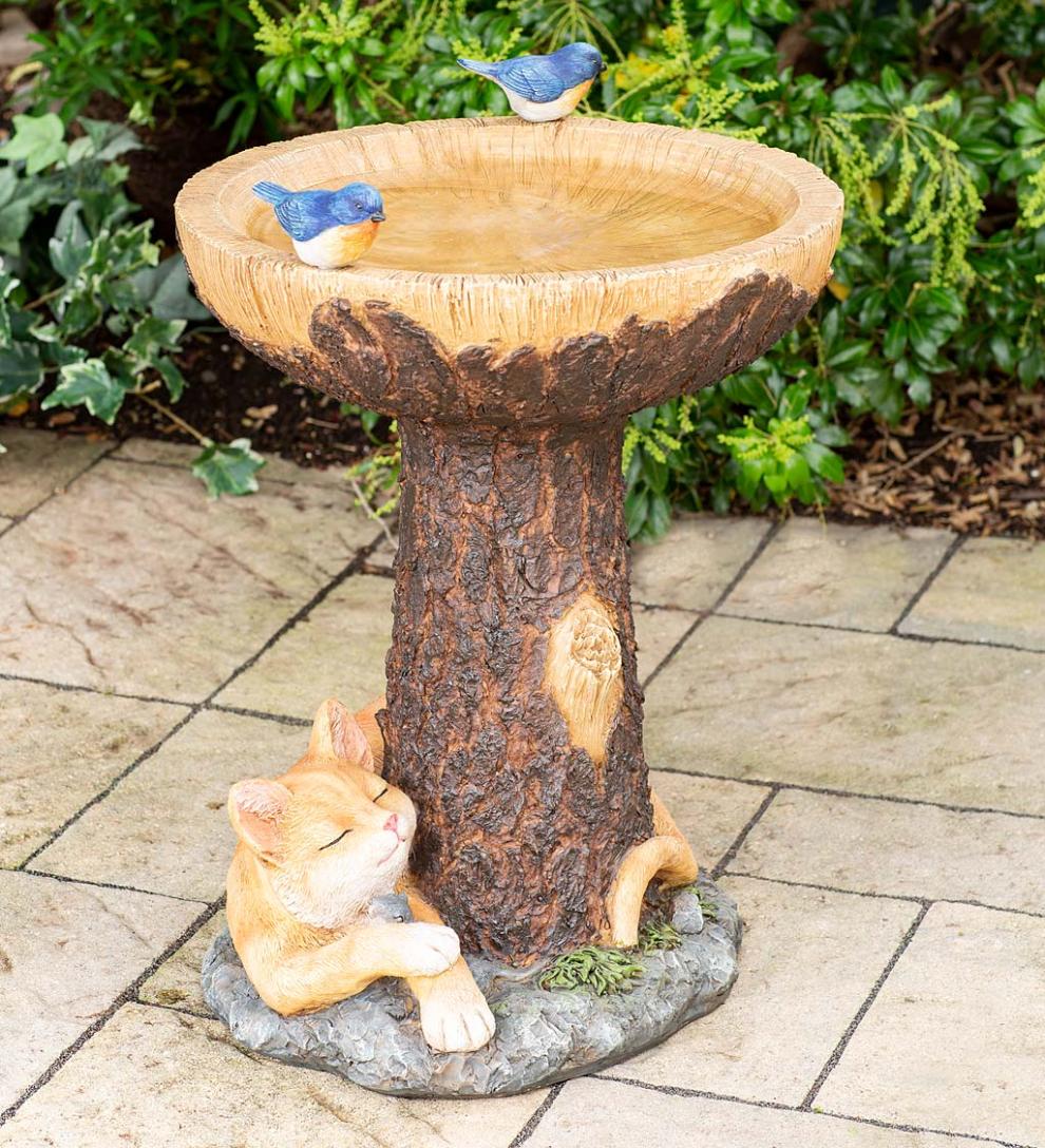 Plow & Hearth Birdbaths Yard & Garden Forty Winks Tree Stump Birdbath With Cat And Bluebirds