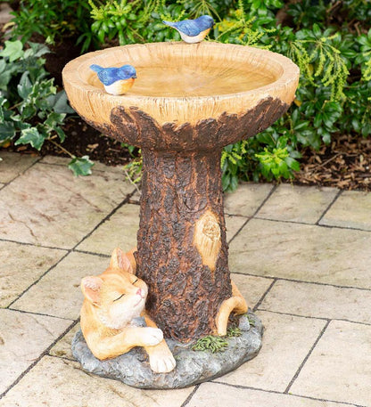 Plow & Hearth Birdbaths Yard & Garden Forty Winks Tree Stump Birdbath With Cat And Bluebirds