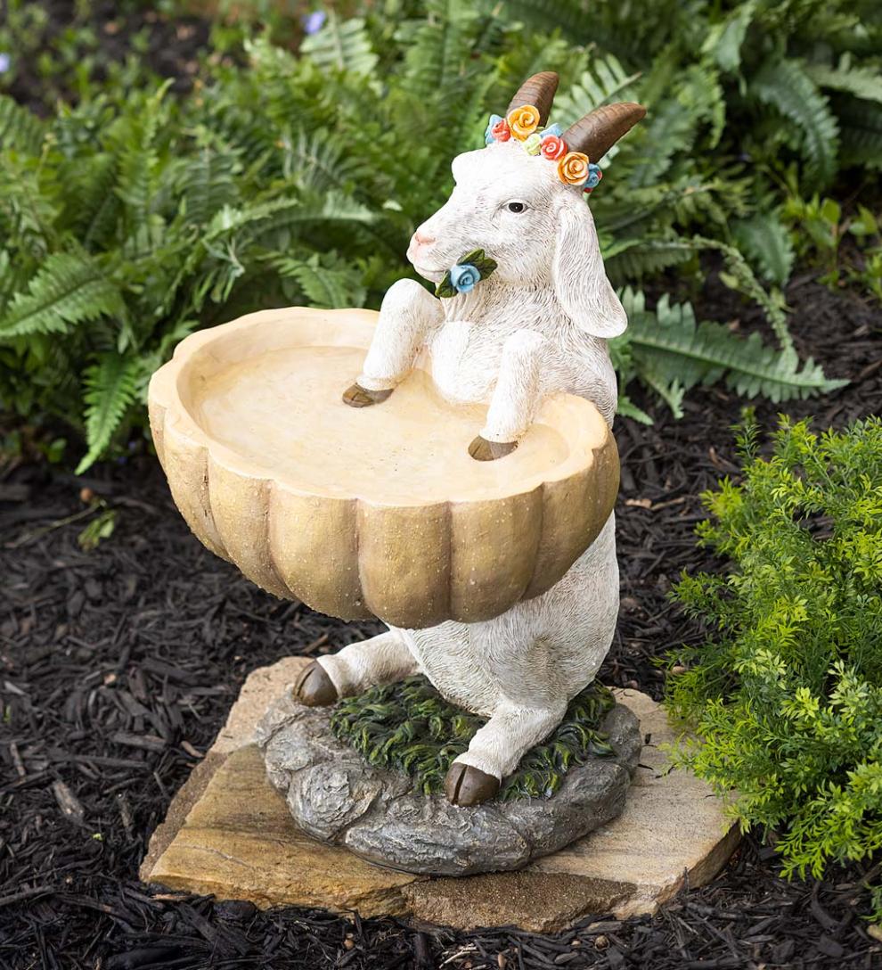 Plow & Hearth Birdbaths Yard & Garden Goat With Floral Crown Carved Birdbath